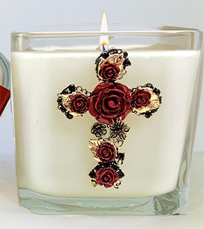 POMEGRANATE JEWELED CROSS CANDLE W/ RED ROSES