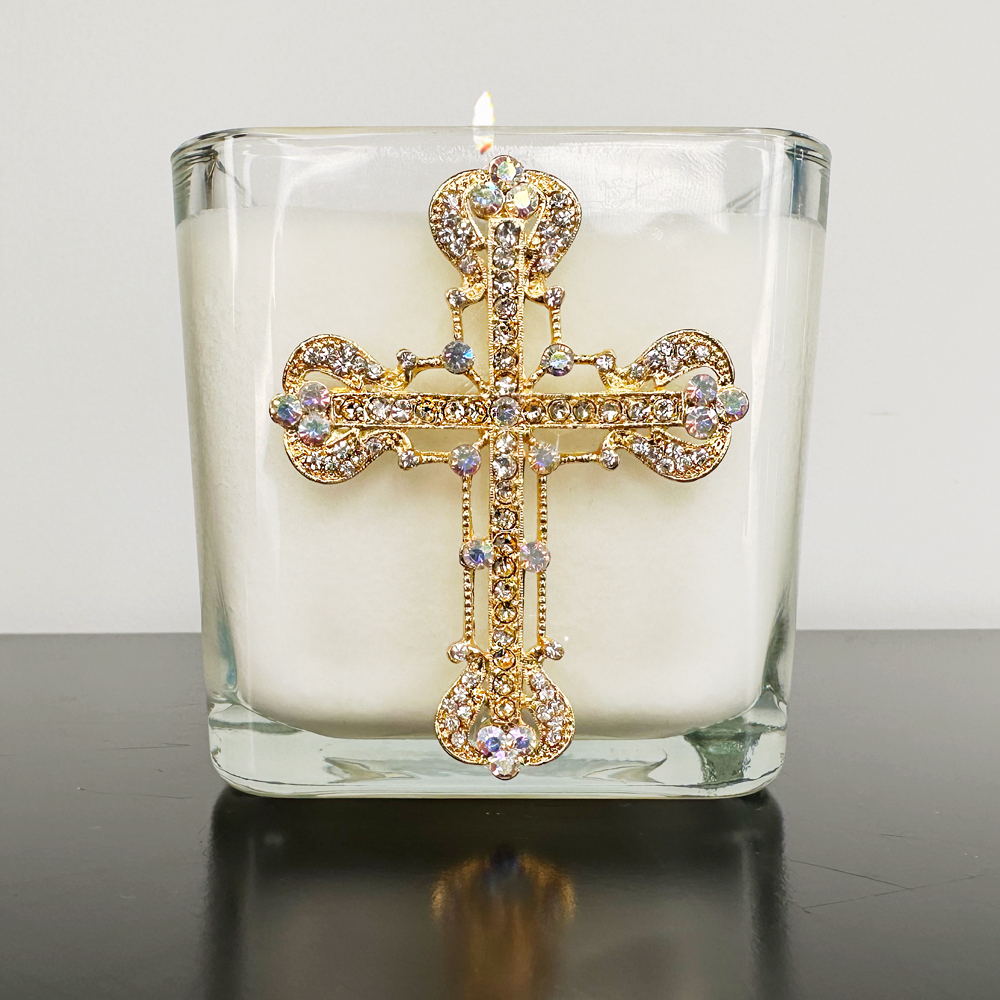 CASSIA JEWELED CROSS CANDLE - DELICATE FILIGREE - GOLD