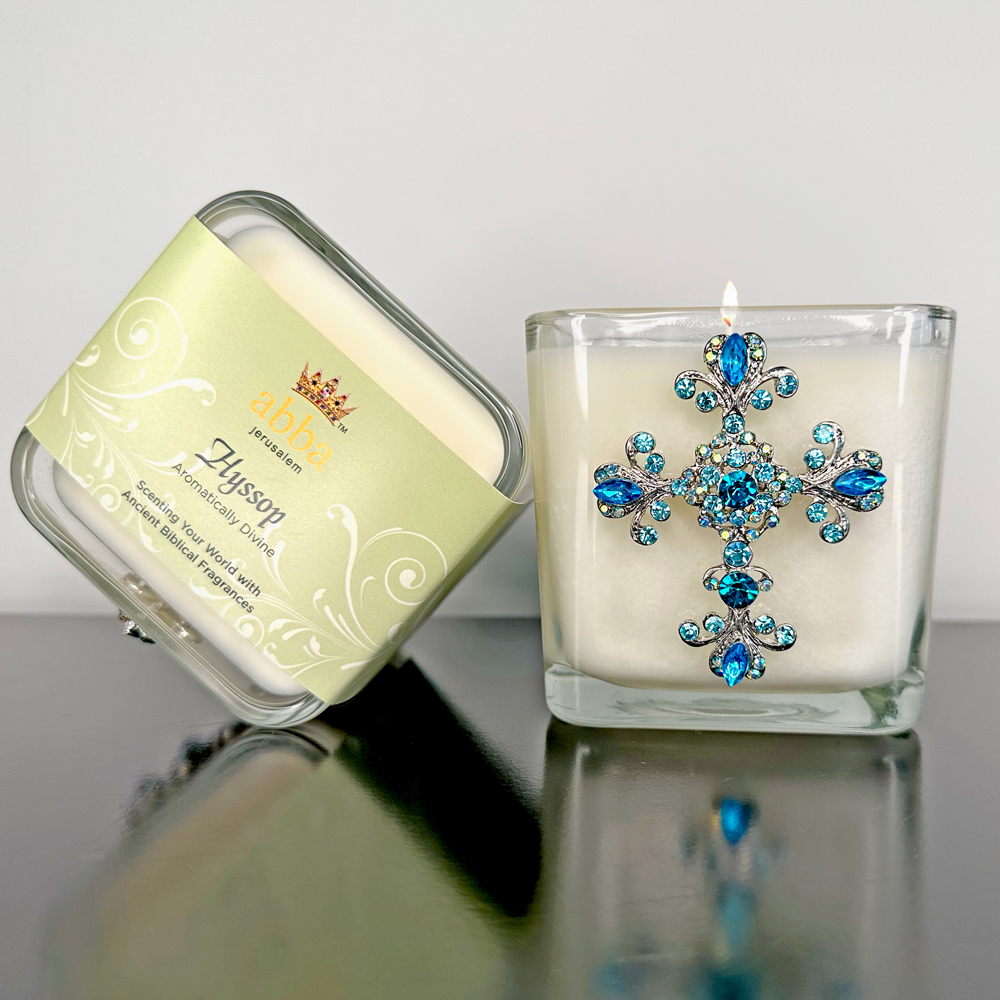 HYSSOP BLUE FLOURISH JEWELED CROSS CANDLE