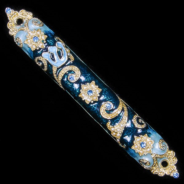 MEZUZAH - BLUE JEWELED WITH ARTISTIC STAR OF DAVIDS