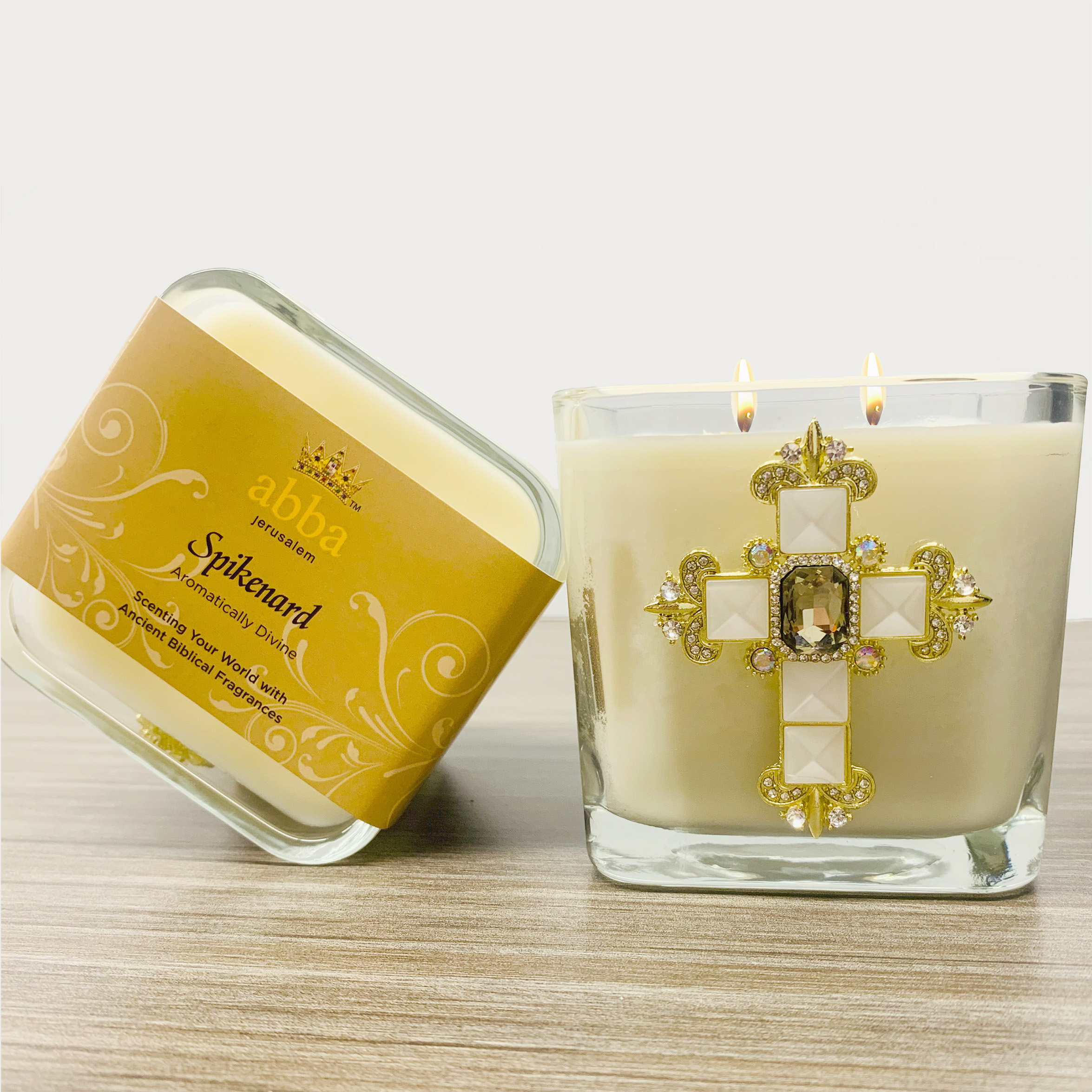 SPIKENARD SMOKE/PEARL JEWELED CROSS CANDLE