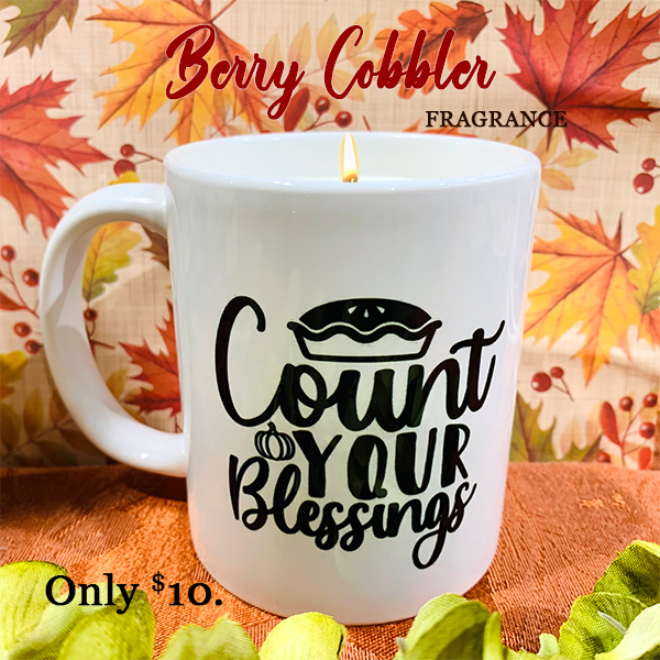 "COUNT YOUR BLESSINGS" COFFEE MUG WITH BERRY COBBLER CANDLE