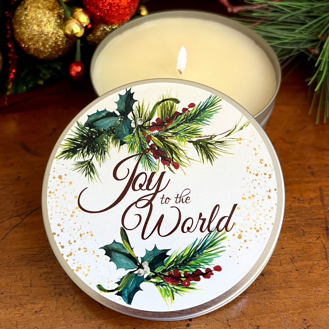 "JOY TO THE WORLD" CANDLE TIN - HOLLY BERRY