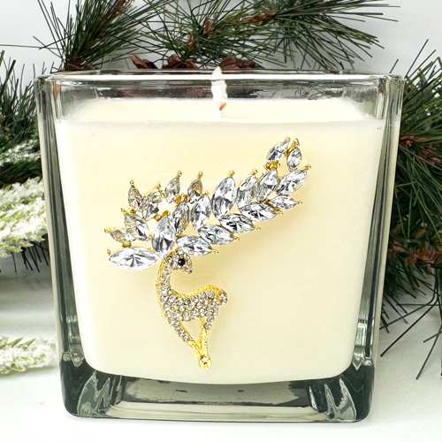 JEWELED GOLD CRYSTAL "DEER" CANDLE - HOLLY BERRY & IVY