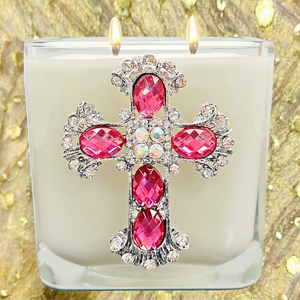 ROSE PINK CRYSTAL JEWELED CROSS CANDLE