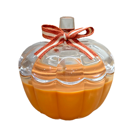 GLASS PUMPKIN CANDLE WITH RIBBON IN GINGERBREAD