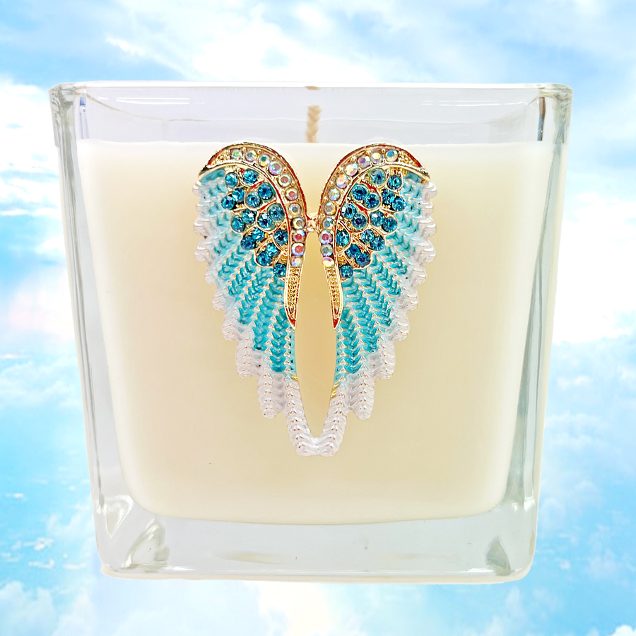 JEWELED ANGEL WINGS CANDLE-AQUA