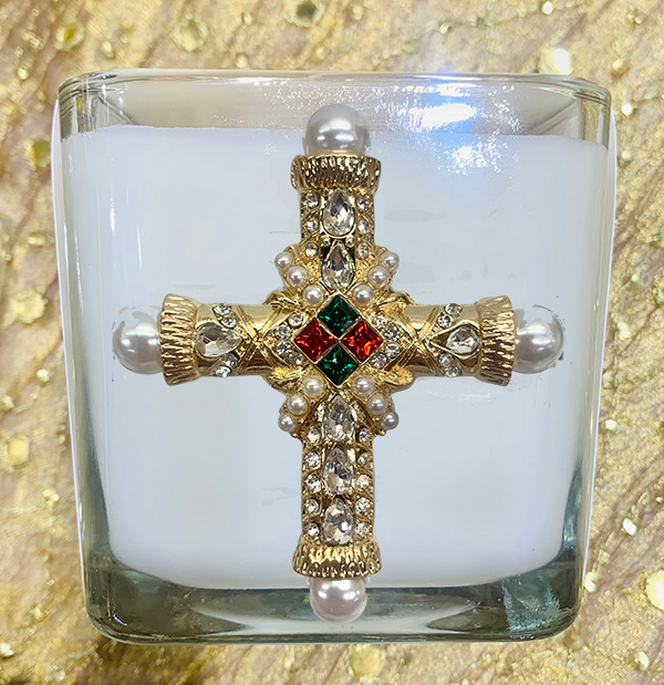 FRANKINCENSE & MYRRH PEARL JEWELED CROSS CANDLE