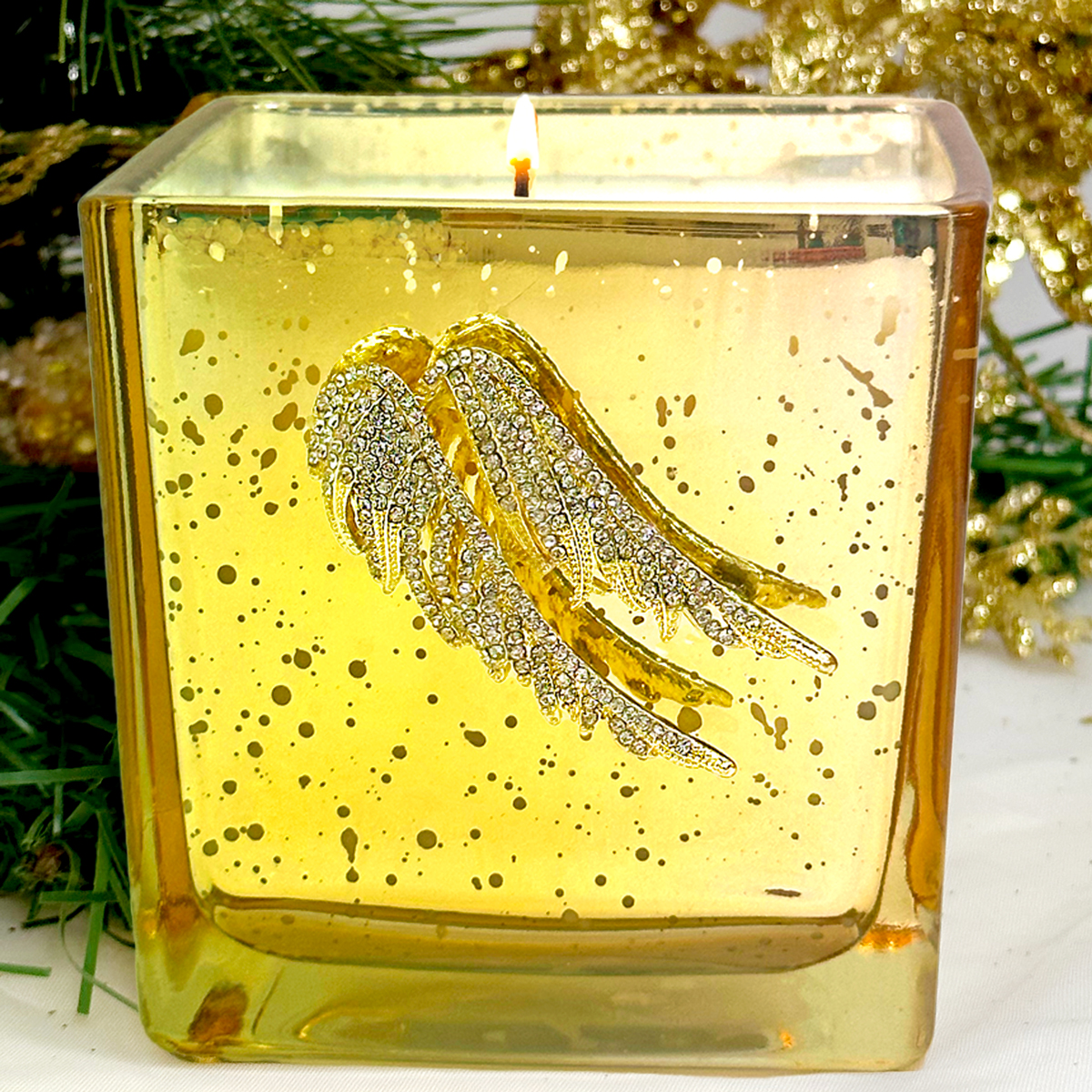 MERCURY GLASS CANDLE - GOLD RHINESTONE WINGS  "WINTER WONDERLAND"