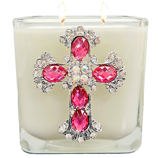ROSE PINK CRYSTAL JEWELED CROSS CANDLE